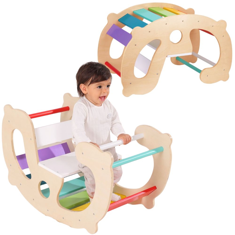 Mitmekülgne puidust kiik ja sild mängimiseks