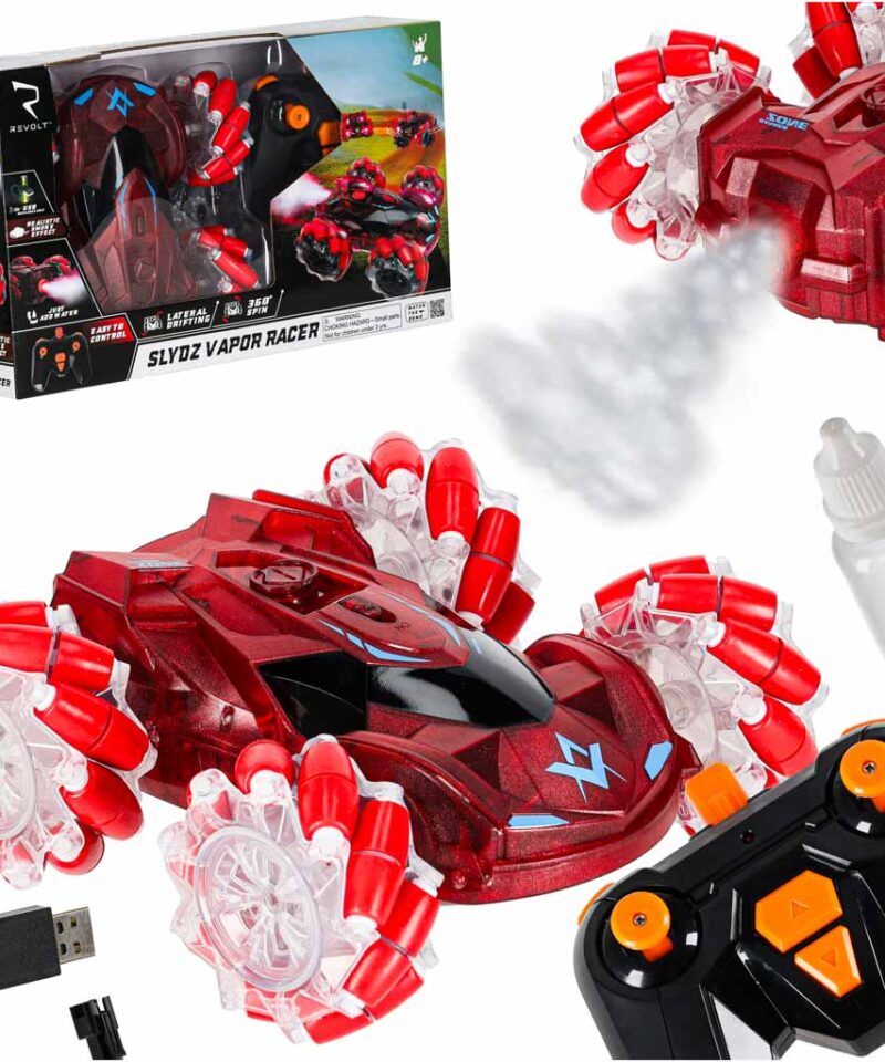 Punane driftiauto suitsuefektidega