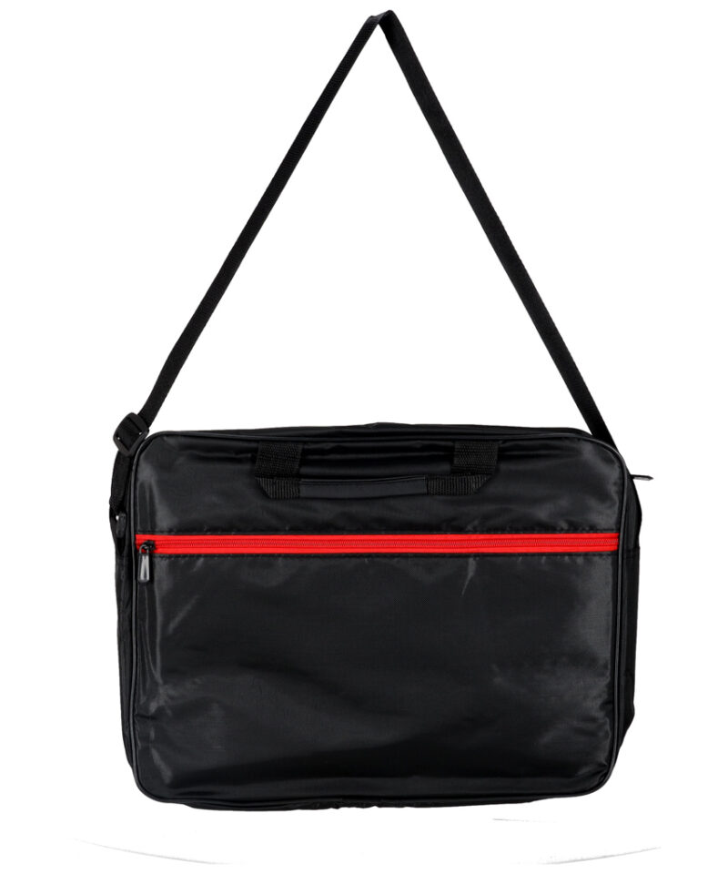 Must sülearvutikott punaste detailidega