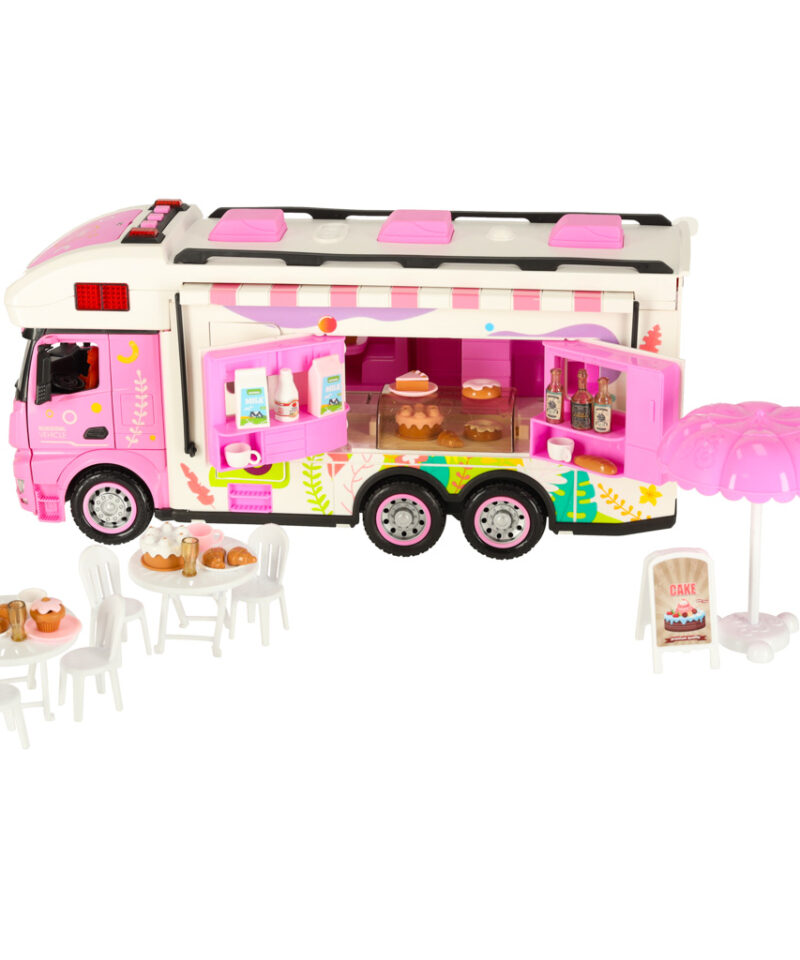 Valge matkaauto roosade detailidega