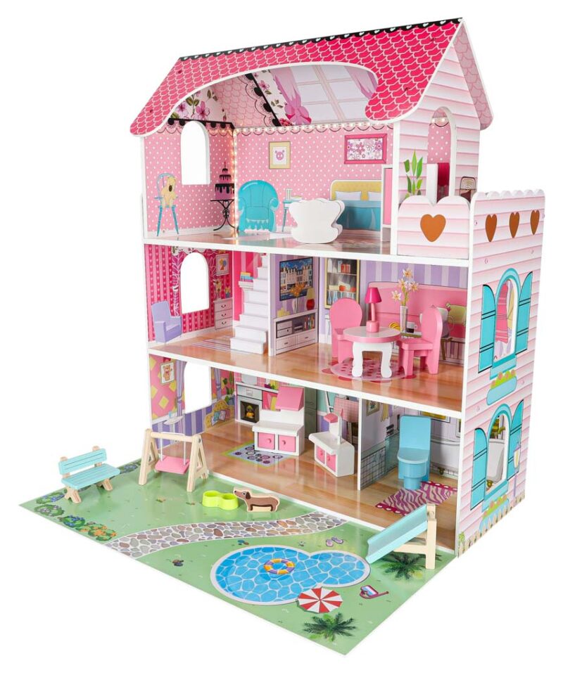 Roosa LED nukkude mängumaja eesvaade