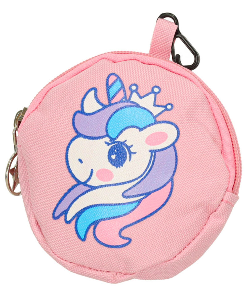 Roosa seljakott ükssarviku motiiviga