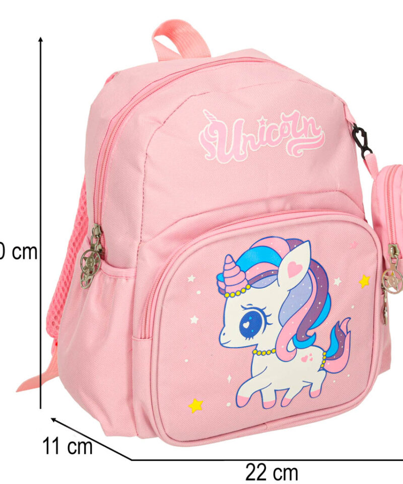 Roosa seljakott ükssarviku motiiviga