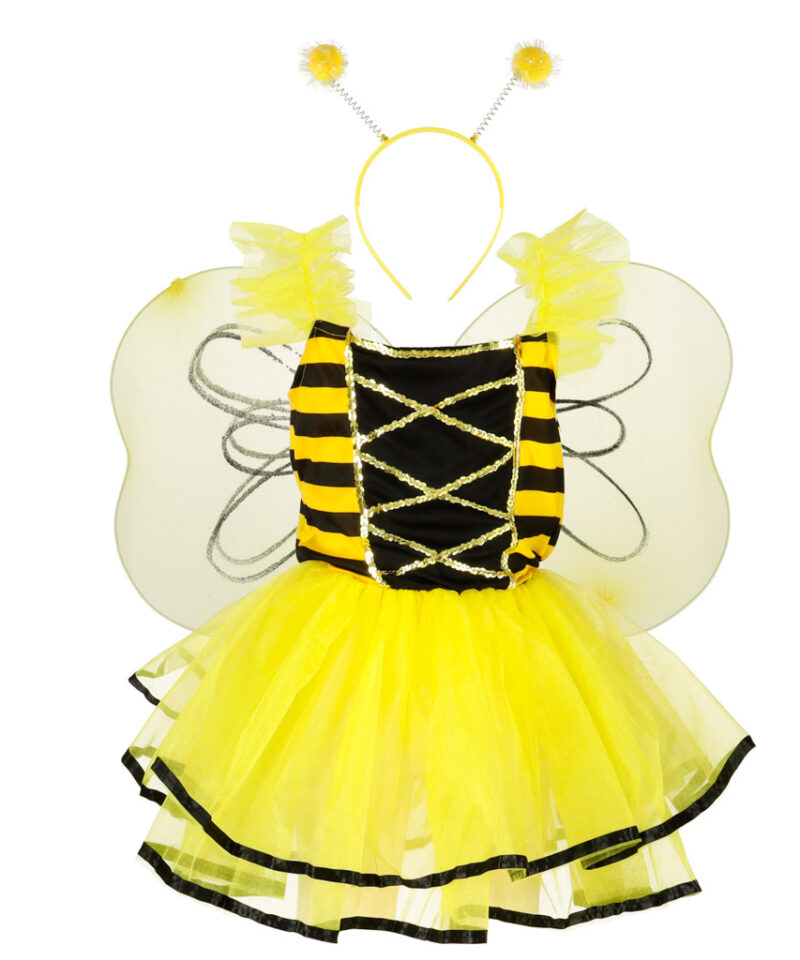 Tüdruk mesilase kostüümis rõõmsalt naeratamas