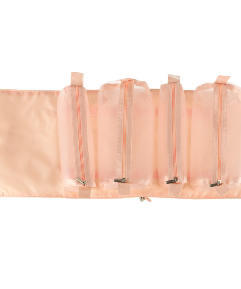 Kokkupandav roosa reisikosmeetikakott nelja taskuga