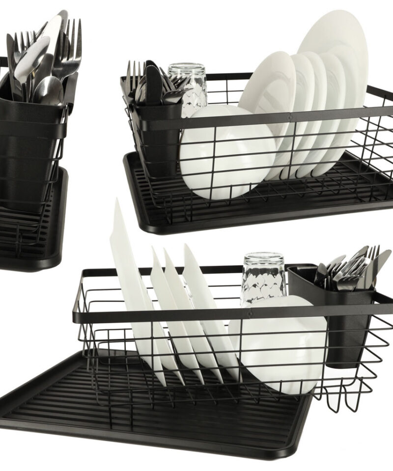 Must nõudekuivatusrest koos söögiriistade hoidikuga