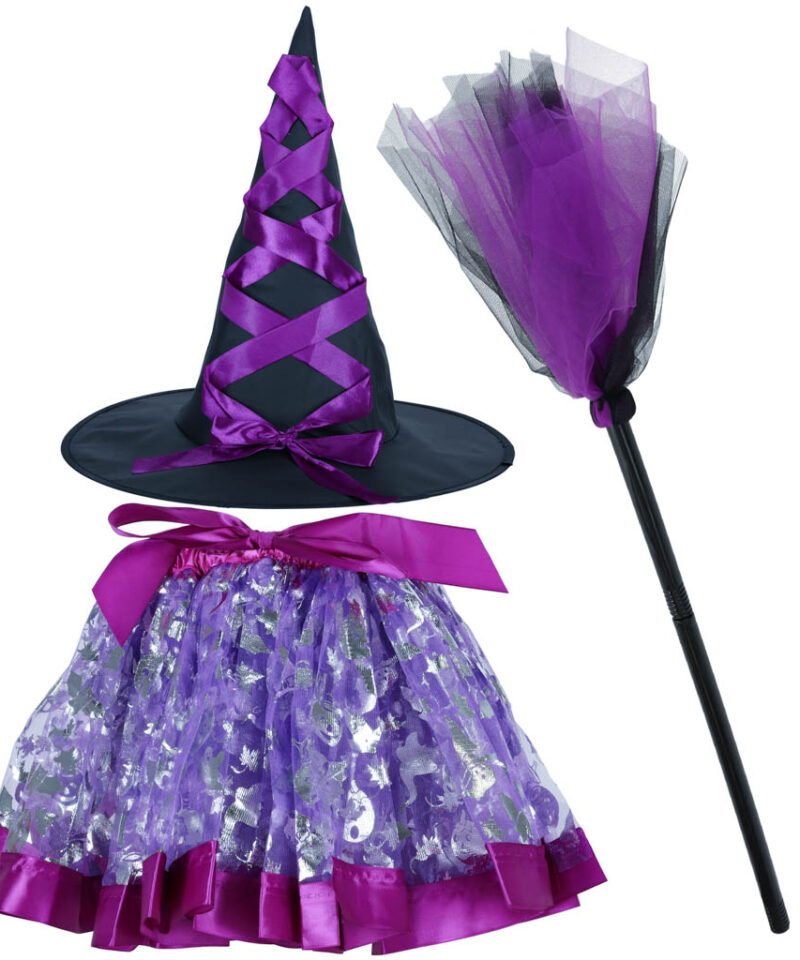 Laste karnevali nõiakostüüm musta ja lilla tooniga