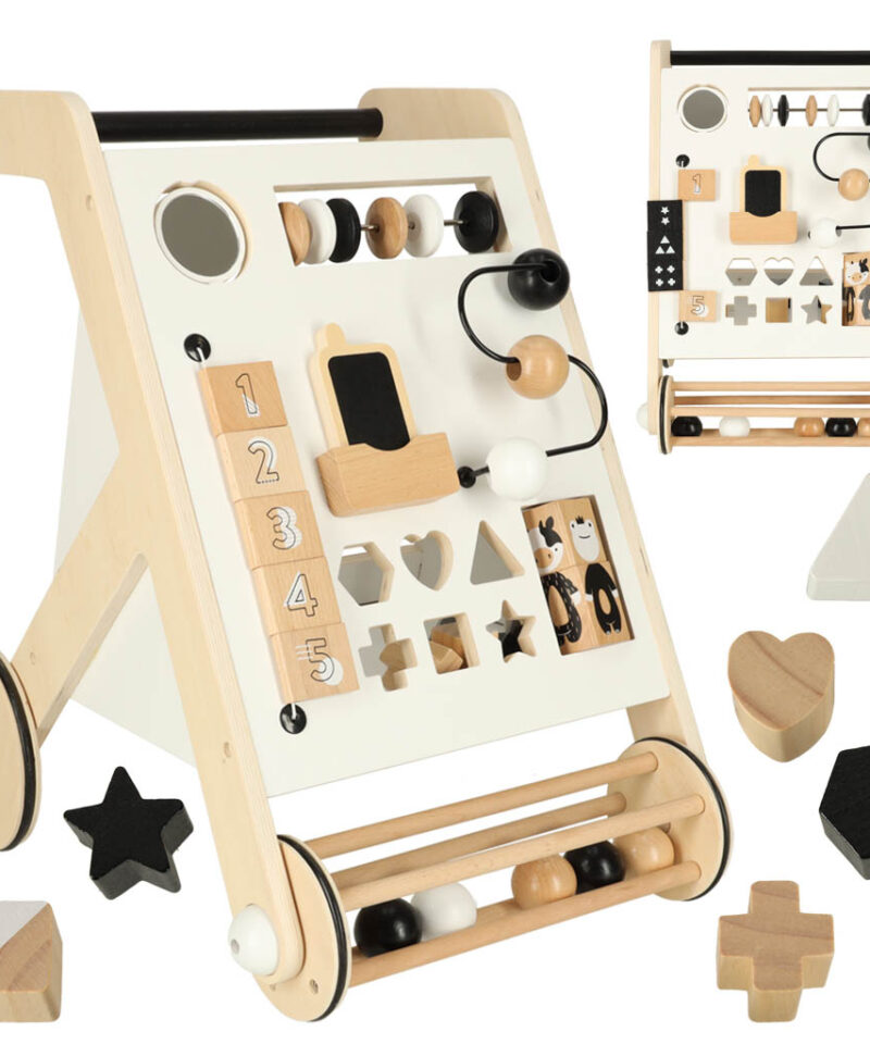 Puidust lükatav jalutuskäru koos sorteerija mänguasjadega