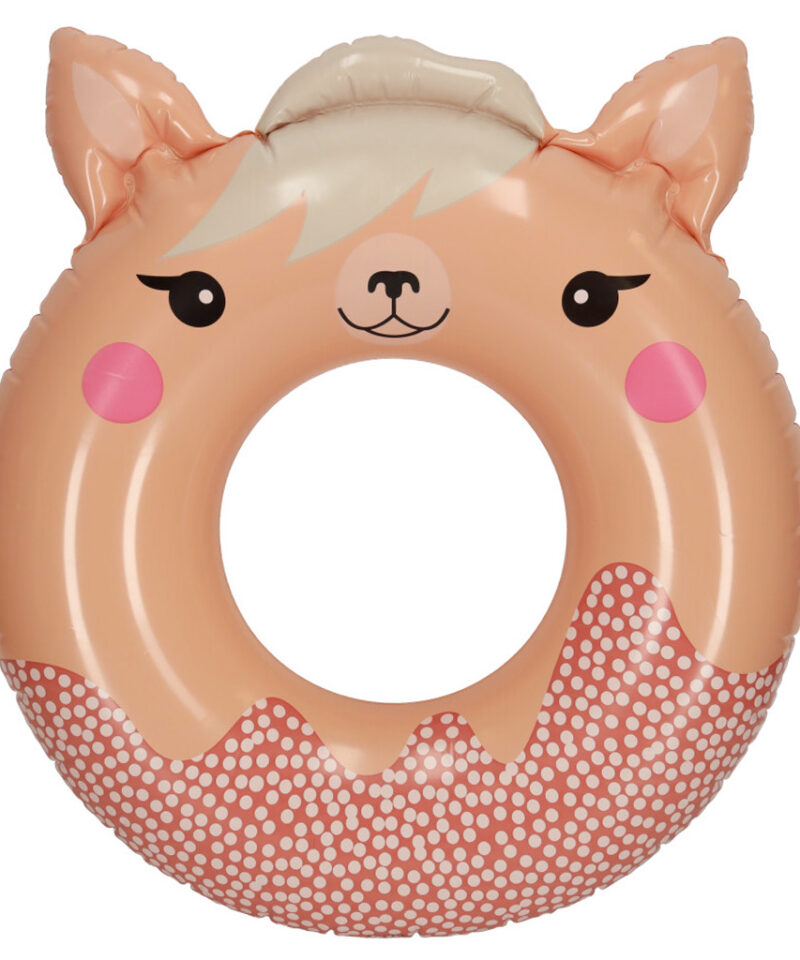 Roosa loomakujundusega laste ujumisrõngas vees