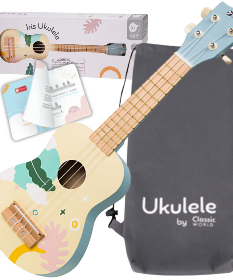 Sinine puidust ukulele lastele mängimiseks