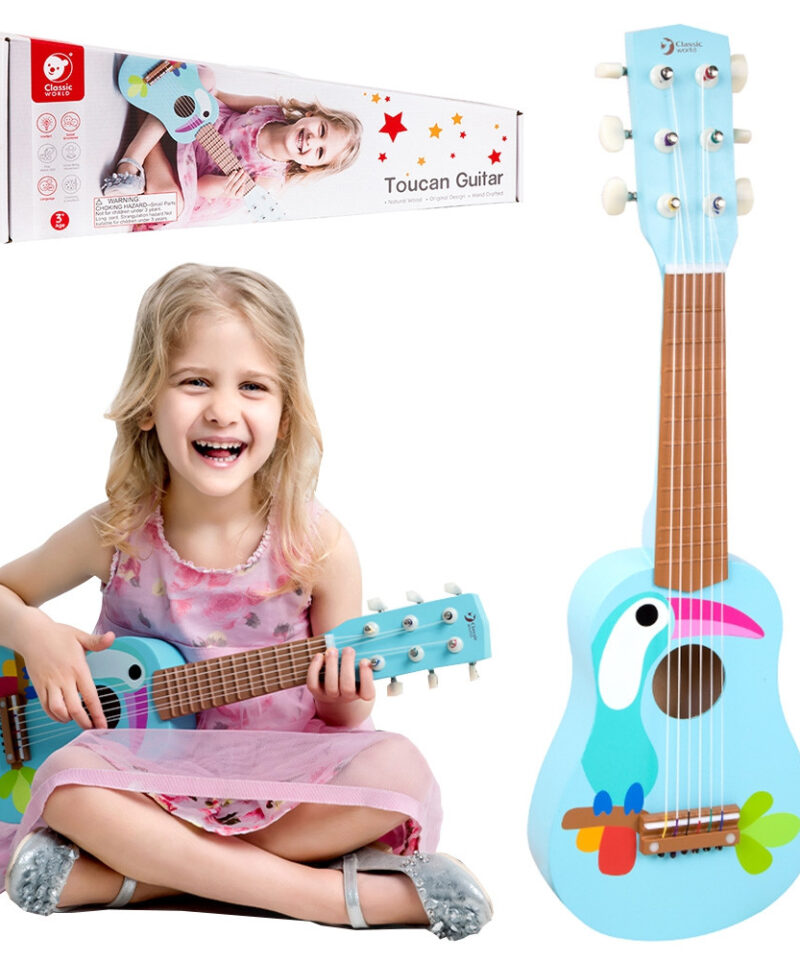 Laste puidust kitarr tukaaniga sinine
