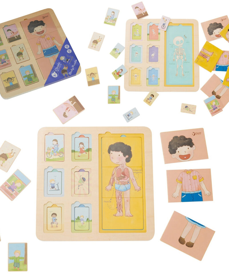 Laste hariv puidust pusle värviliste tükkidega