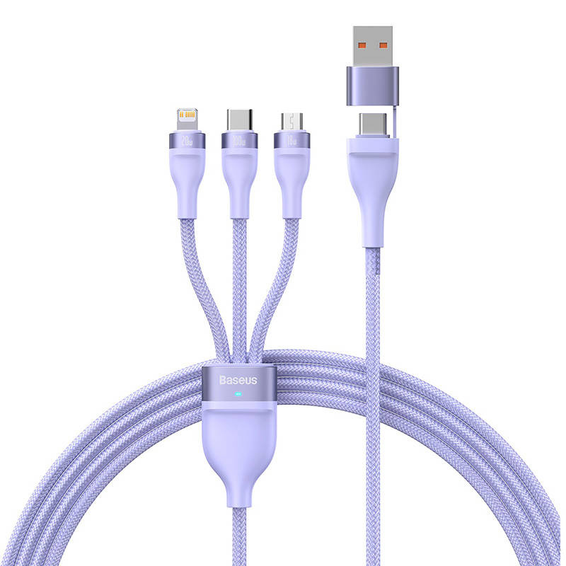 Kabel USB 3w1 Baseus Flash Series 2, USB-C + micro USB + Lightning, 100W, 1.5m (fioletowy) - Image 3