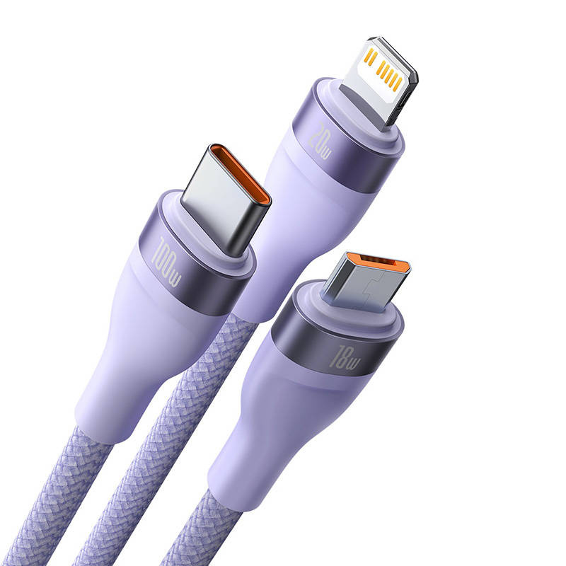 Kabel USB 3w1 Baseus Flash Series 2, USB-C + micro USB + Lightning, 100W, 1.5m (fioletowy) - Image 4