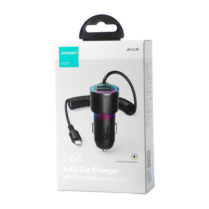 Car charger Joyroom JR-CL25, 2x USB + Lightning cable (black) - Image 3