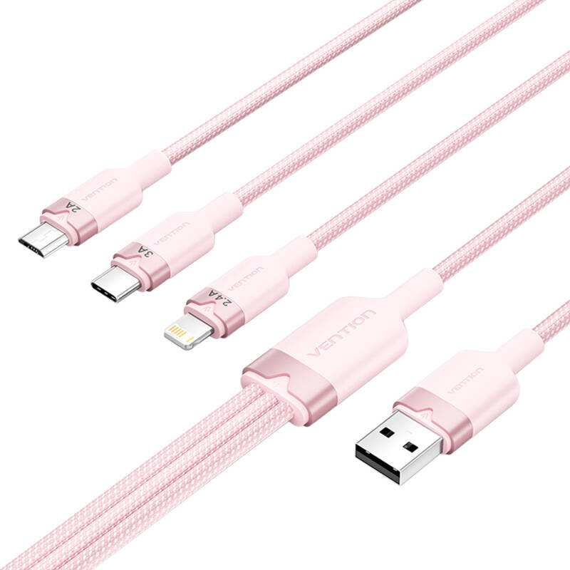USB 2.0 A to 3in1 3A cable Vention CTPPG 1.5M (pink) - Image 3
