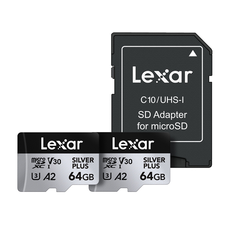 Set of 2 Lexar High-Performance Silver Plus microSDXC 2x64GB memory cards + adapter